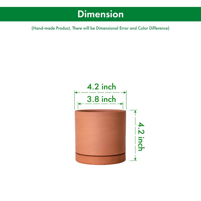 D'vine Dev X-Small 4 Inch Terracotta Plant Pot with Drainage Hole and Saucer, Round Cylinder Planter Pot for Indoor Plants, Set of 2, 40-X-B-1 - Image 3