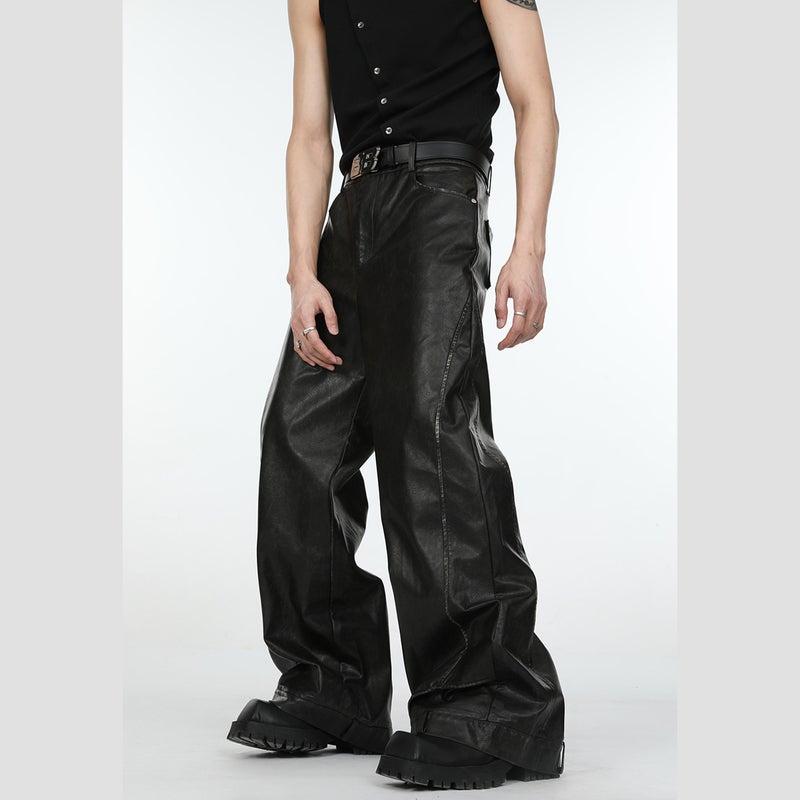 2025 Retro Niche Deconstructed Three-Dimensional Black Leather Pants For Men, Loose Straight Casual Long Pants With A Vintage Wash And Floor-Length Design - Image 2