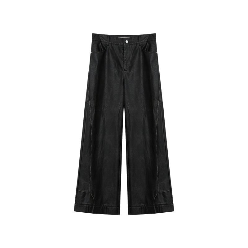 2025 Retro Niche Deconstructed Three-Dimensional Black Leather Pants For Men, Loose Straight Casual Long Pants With A Vintage Wash And Floor-Length Design - Image 1