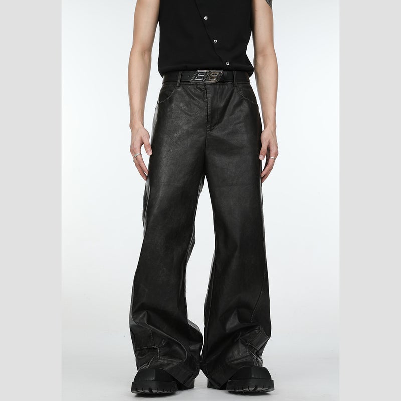 2025 Retro Niche Deconstructed Three-Dimensional Black Leather Pants For Men, Loose Straight Casual Long Pants With A Vintage Wash And Floor-Length Design - Image 4