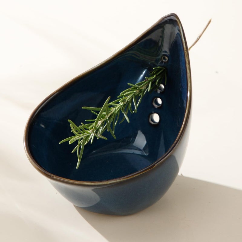 Dneuoir Herb Stripper Bowl, Ceramic Herb Peeling Bowl, Kitchen Herbs Leaf Stripping Tool, Pottery Herb Peeler for Kale, Thyme, Basil, Rosemary Stripper (Blue) - Image 1