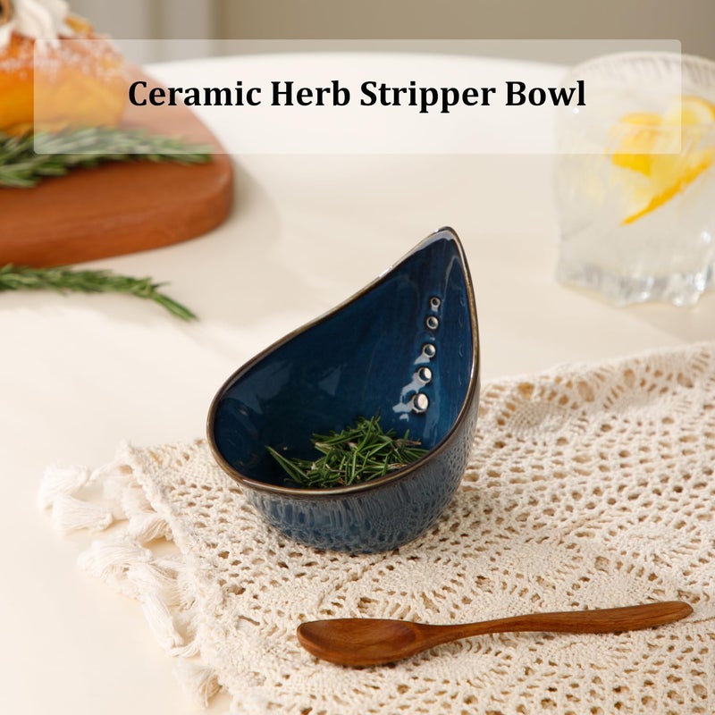 Dneuoir Herb Stripper Bowl, Ceramic Herb Peeling Bowl, Kitchen Herbs Leaf Stripping Tool, Pottery Herb Peeler for Kale, Thyme, Basil, Rosemary Stripper (Blue) - Image 2