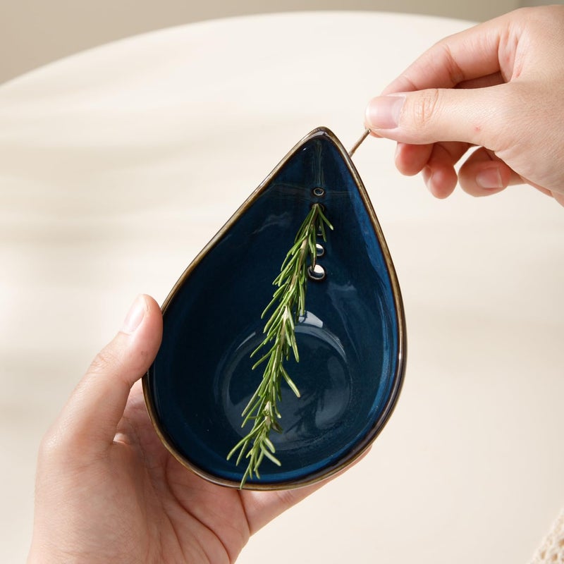 Dneuoir Herb Stripper Bowl, Ceramic Herb Peeling Bowl, Kitchen Herbs Leaf Stripping Tool, Pottery Herb Peeler for Kale, Thyme, Basil, Rosemary Stripper (Blue) - Image 5