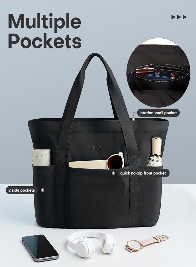 HOTOR Tote Bag for Women - Foldable Lightweight Work Tote Bags with Zipper, Nurse Shoulder Bag, Carry-On Travel Gym Bag, Canvas Handbag for Shopping, Black, 19.7" x 6.7" x 13.8" - Image 5