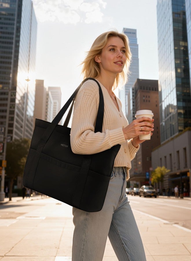 HOTOR Tote Bag for Women - Foldable Lightweight Work Tote Bags with Zipper, Nurse Shoulder Bag, Carry-On Travel Gym Bag, Canvas Handbag for Shopping, Black, 19.7" x 6.7" x 13.8" - Image 2