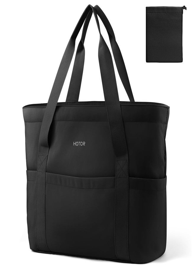 HOTOR Tote Bag for Women - Foldable Lightweight Work Tote Bags with Zipper, Nurse Shoulder Bag, Carry-On Travel Gym Bag, Canvas Handbag for Shopping, Black, 19.7" x 6.7" x 13.8" - Image 1