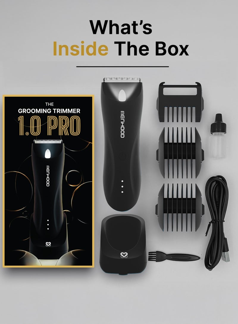 Menhood Best Ball Trimmer & Body Grooming Trimmer 1.0 Pro for Men | Male Body Hair Trimmer | IPX7 Waterproof | Wireless Charging with Type-C Support | 150 Min Runtime | 4000K LED Light | Full Body Grooming | Shaver & Razor for Men (Black)