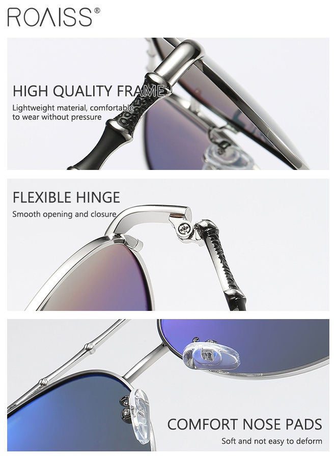رويس نظارة أفياتور شمسية مستقطبة رجالية، نظارة الشمس الواقية من الأشعة فوق البنفسجية 400 مع زخرفة بنمط الخيزران، ظلال شمس مضادة للوهج عصرية للرجال مناسبة للقيادة وصيد الأسماك والسفر، أزرق فضي، 55 مم - Image 5