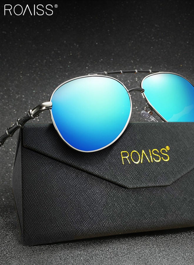 رويس نظارة أفياتور شمسية مستقطبة رجالية، نظارة الشمس الواقية من الأشعة فوق البنفسجية 400 مع زخرفة بنمط الخيزران، ظلال شمس مضادة للوهج عصرية للرجال مناسبة للقيادة وصيد الأسماك والسفر، أزرق فضي، 55 مم - Image 3