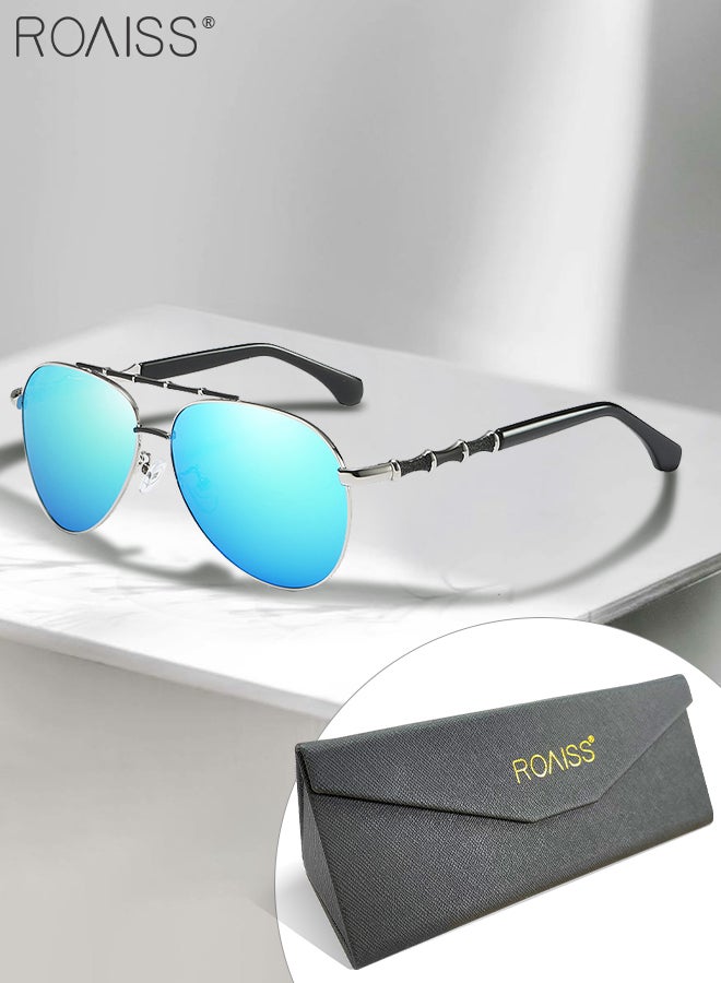 رويس نظارة أفياتور شمسية مستقطبة رجالية، نظارة الشمس الواقية من الأشعة فوق البنفسجية 400 مع زخرفة بنمط الخيزران، ظلال شمس مضادة للوهج عصرية للرجال مناسبة للقيادة وصيد الأسماك والسفر، أزرق فضي، 55 مم - Image 2