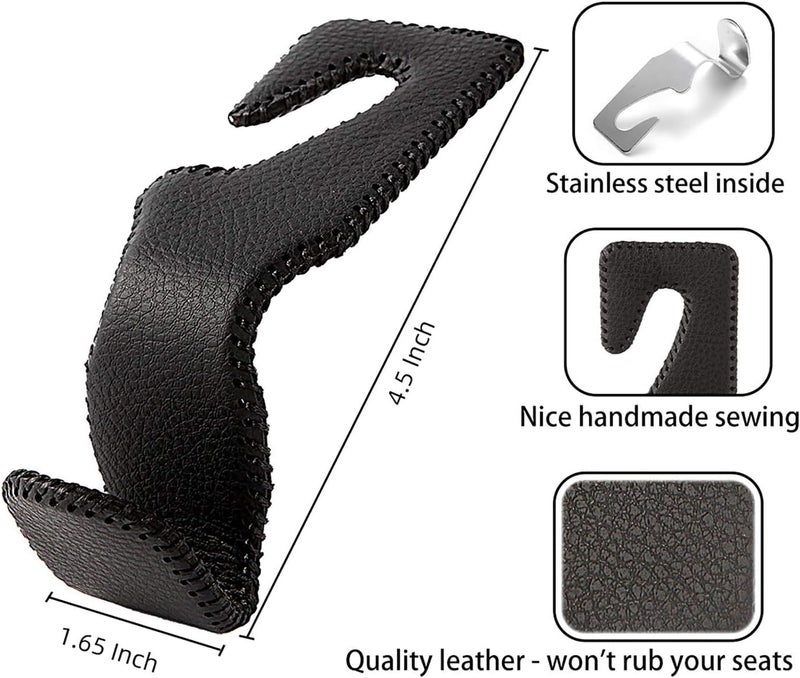 AMVOYOA Headrest Hooks for Car, Back Seat Organizer Black Leather Hanger Holder Hook, for Hanging Purses and Bags and Coats, Pack of 4 - Image 5