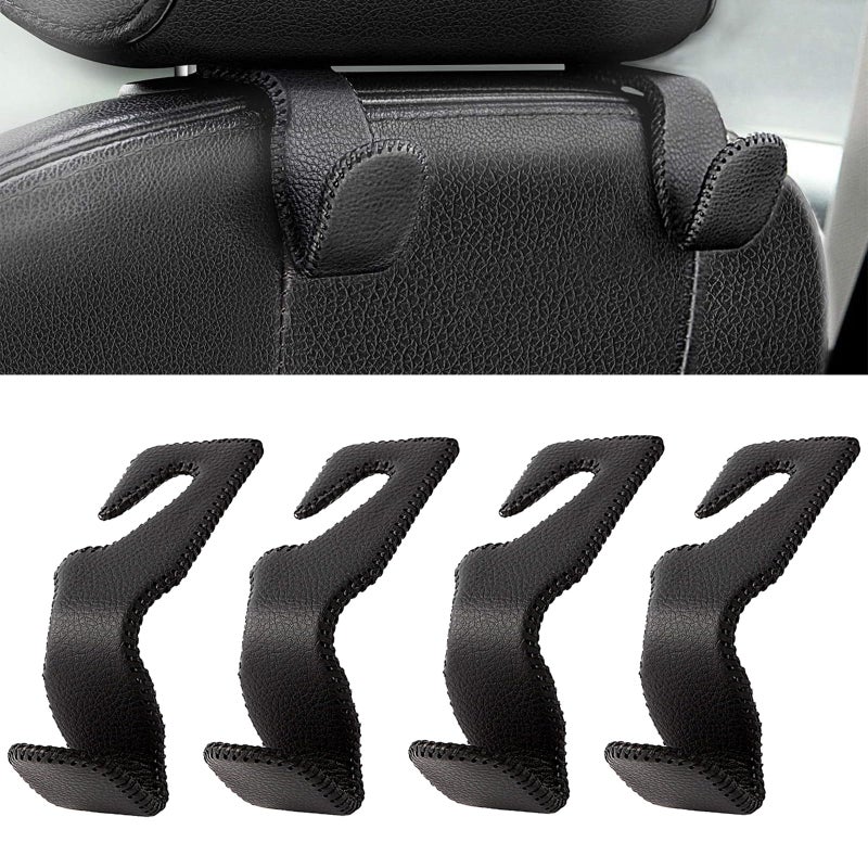 AMVOYOA Headrest Hooks for Car, Back Seat Organizer Black Leather Hanger Holder Hook, for Hanging Purses and Bags and Coats, Pack of 4 - Image 1