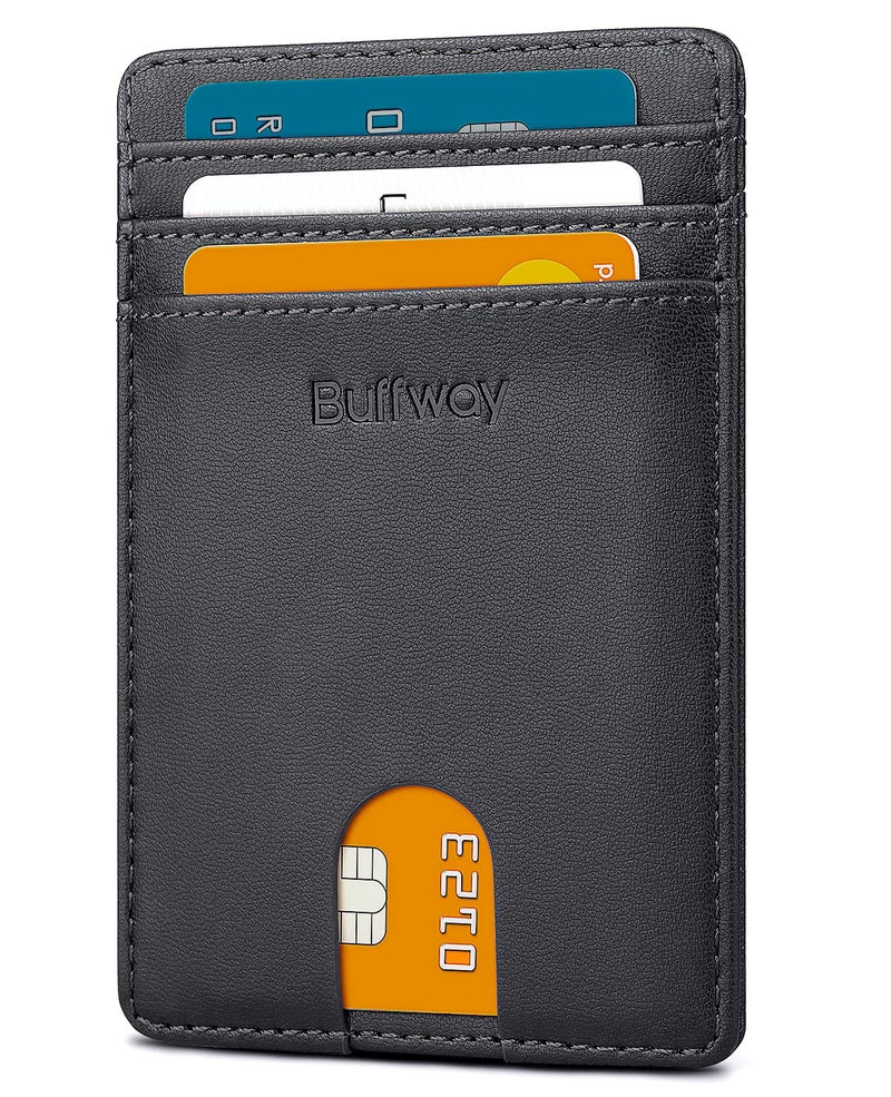 Buffway Mens Slim Wallet, Minimalist Thin Front Pocket Leather Credit Card Holder with RFID Blocking for Work Travel - Boston Black - Image 1