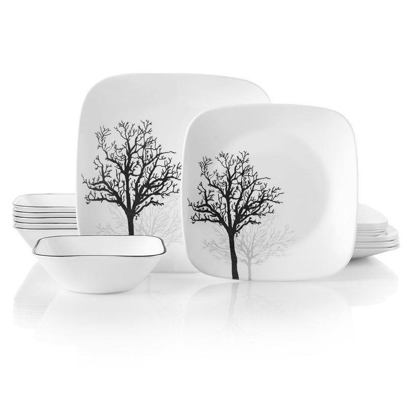 Corelle Vitrelle 18-Piece Service for 6 Dinnerware Set Triple Layer Glass and Chip Resistant, Lightweight Square Plates and Bowls Set, Timber Shadows - Image 1