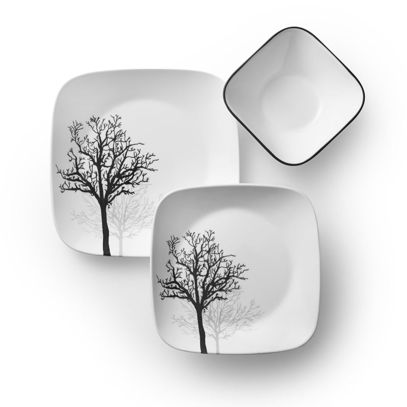 Corelle Vitrelle 18-Piece Service for 6 Dinnerware Set Triple Layer Glass and Chip Resistant, Lightweight Square Plates and Bowls Set, Timber Shadows - Image 2
