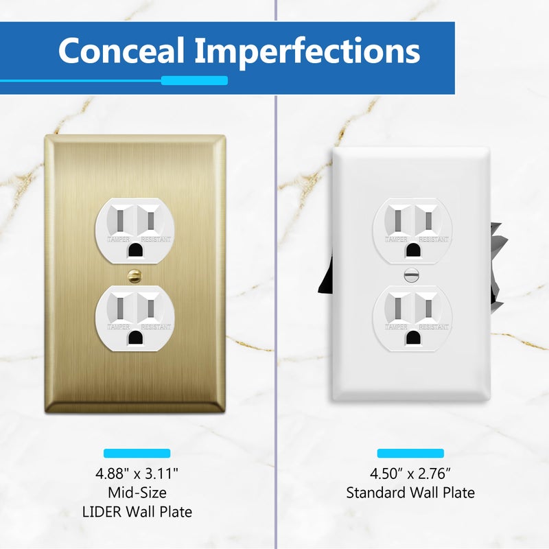 LIDER Duplex Receptacle Metal Wall Plate, Stainless Steel Outlet Cover, Corrosion Resistant, Mid-Size 1-Gang 4.88" x 3.11", 201 Stainless Steel, LMWP-21M-BB, Brushed Brass - Image 3