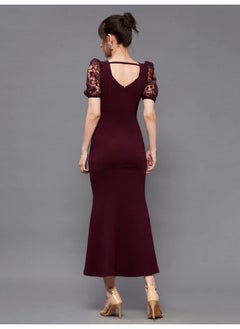 Miss Chase Miss Chase Women's Square Neck Short Puff Sleeve Self Design Lace Overlaid Bodycon Midi Dress (MCSS23D79-01-184-02, Wine, XS)  - Image 5