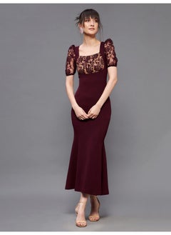 Miss Chase Miss Chase Women's Square Neck Short Puff Sleeve Self Design Lace Overlaid Bodycon Midi Dress (MCSS23D79-01-184-02, Wine, XS)  - Image 3