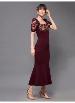 Miss Chase Miss Chase Women's Square Neck Short Puff Sleeve Self Design Lace Overlaid Bodycon Midi Dress (MCSS23D79-01-184-02, Wine, XS)  - Image 4