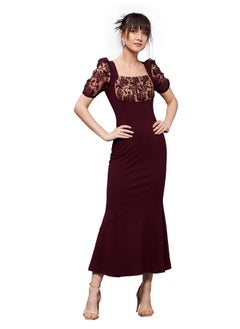 Miss Chase Miss Chase Women's Square Neck Short Puff Sleeve Self Design Lace Overlaid Bodycon Midi Dress (MCSS23D79-01-184-02, Wine, XS)  - Image 1