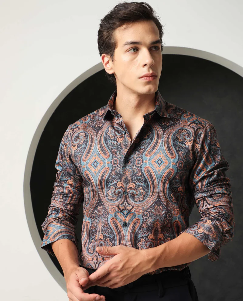 Rare Rabbit Rare Rabbit Men's Mergers Navy Cotton Fabric Full Sleeves Paisley Print Shirt