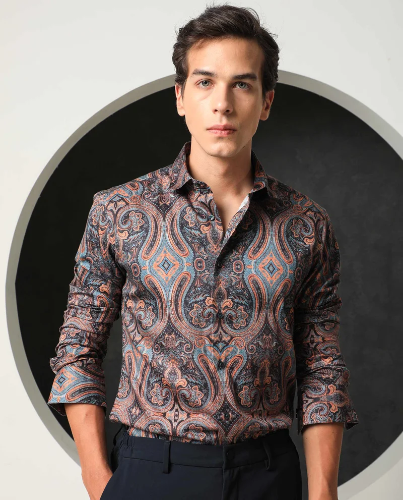 Rare Rabbit Rare Rabbit Men's Mergers Navy Cotton Fabric Full Sleeves Paisley Print Shirt