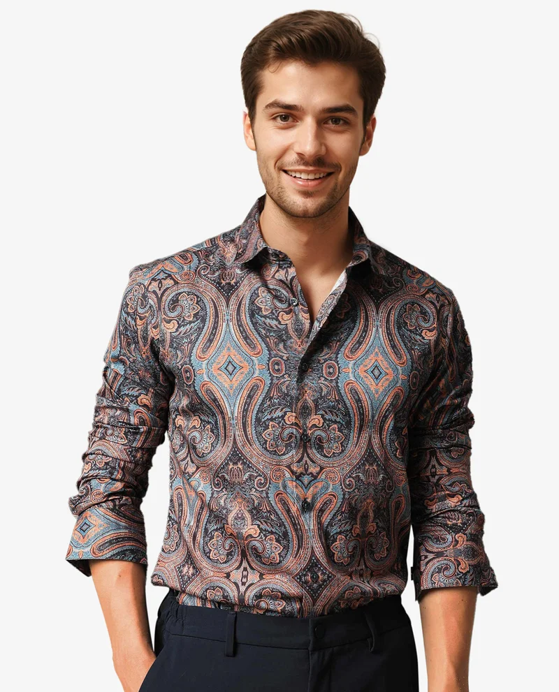 Rare Rabbit Rare Rabbit Men's Mergers Navy Cotton Fabric Full Sleeves Paisley Print Shirt