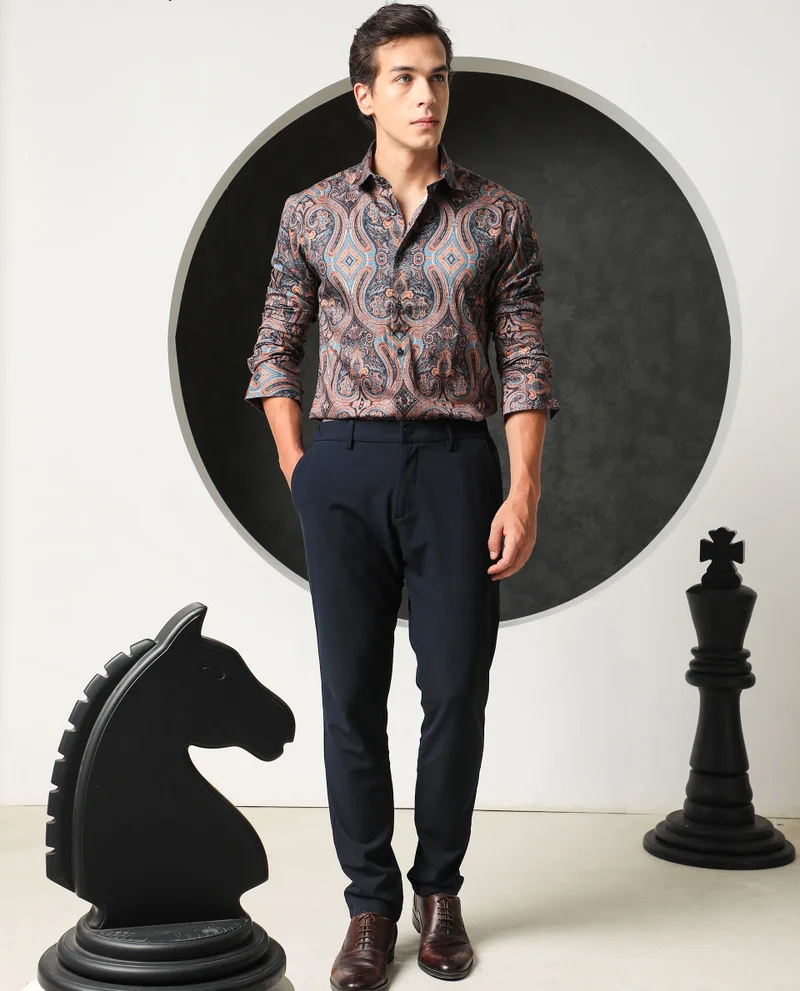 Rare Rabbit Rare Rabbit Men's Mergers Navy Cotton Fabric Full Sleeves Paisley Print Shirt