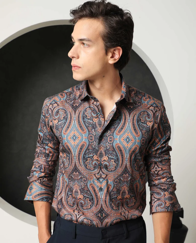 Rare Rabbit Rare Rabbit Men's Mergers Navy Cotton Fabric Full Sleeves Paisley Print Shirt