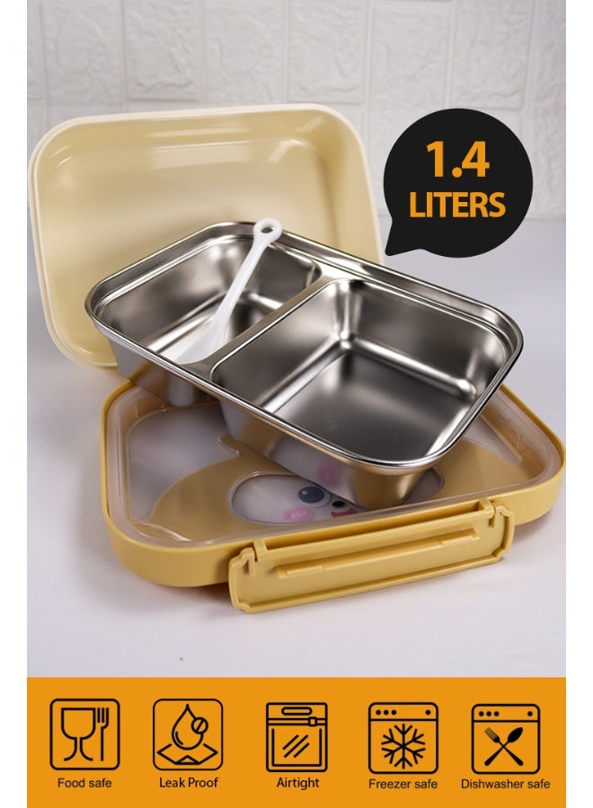 توشيونيكس صندوق غداء من الفولاذ المقاوم للصدأ سعة 1.4 لتر - آمن للاستخدام في الميكروويف، مانع للتسرب، مقسم إلى قسمين، مع ملعقة، طبعة وجه حيوان كرتوني لطيف - مناسب للمدرسة، الحضانة، المنزل، المكتب، السفر، خالٍ من مادة BPA، خفيف الوزن، متين، آمن للاستخدام في الفريزر وغسالة الأطباق - 20×14×5 سم - Image 2