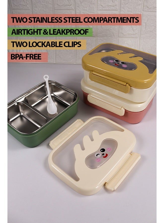توشيونيكس صندوق غداء من الفولاذ المقاوم للصدأ سعة 1.4 لتر - آمن للاستخدام في الميكروويف، مانع للتسرب، مقسم إلى قسمين، مع ملعقة، طبعة وجه حيوان كرتوني لطيف - مناسب للمدرسة، الحضانة، المنزل، المكتب، السفر، خالٍ من مادة BPA، خفيف الوزن، متين، آمن للاستخدام في الفريزر وغسالة الأطباق - 20×14×5 سم - Image 3