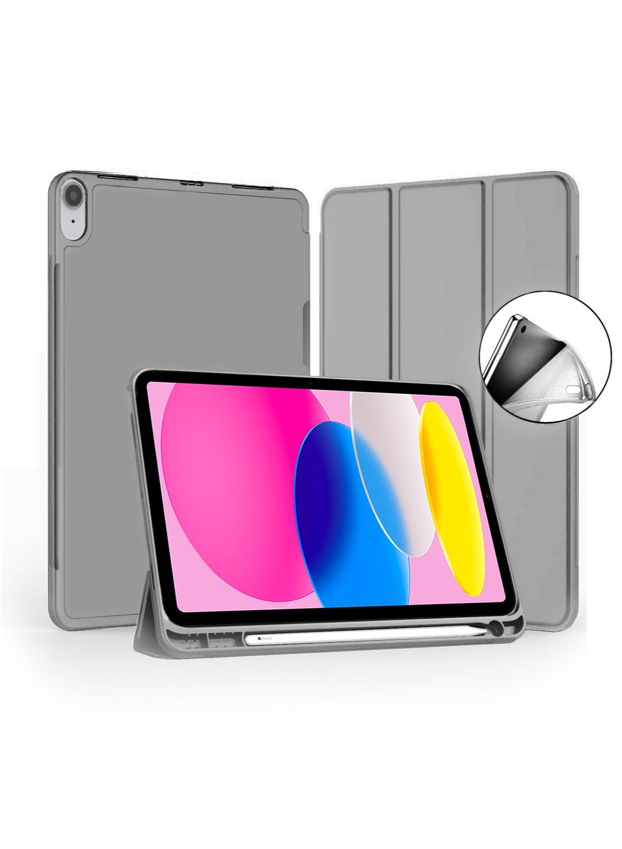 Wtech Apple iPad 10 2022 10.9 Inch 10th Generation 2022 / Apple iPad 11th Gen 2025 / Apple iPad 11-inch (A16) 2025 Smart Flip Auto Wake / Sleep with Pen Holder Back Case Cover - Grey