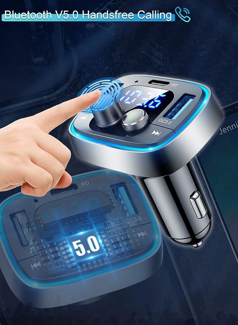 Joshberg USB-C Car Charge,Fast Charging with AUX Wireless FM Radio Transmitter, TF Card,Handsfree Calling & Audio Receiver,MP3 Music Player, QC3.0 & Type-C PD USB Charger,7 Colors LED Backlit - Image 3