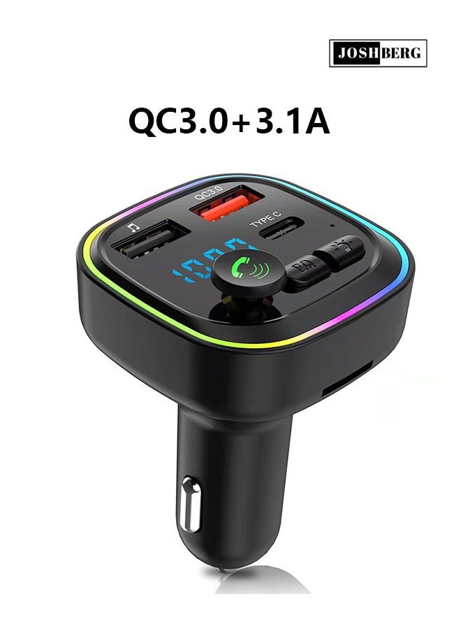 Joshberg USB-C Car Charge,Fast Charging with AUX Wireless FM Radio Transmitter, TF Card,Handsfree Calling & Audio Receiver,MP3 Music Player, QC3.0 & Type-C PD USB Charger,7 Colors LED Backlit - Image 1