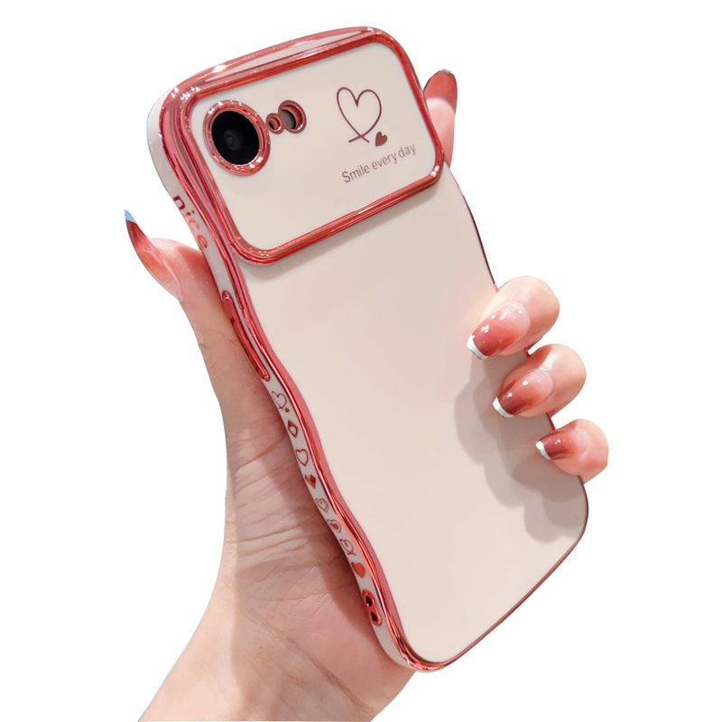 IDweel for iPhone 16e Case for Women Girls, Luxury Cute Wave Frame Curly Shape with Love Heart Raised Camera Protection Slim Fit Cover Plating Shockproof Case for iPhone 16E 6.1", Pink - Image 1