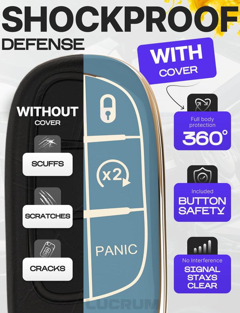 Lucrum for Dodge, Jeep, Chrysler Key Fob Cover and Leather Keychain, 5 Buttons Key Case for Dodge Ram, Charger, Dart, Durango, Journey - 2011-2025 Keyfob Cover for M3N-40821302 - Blue and Gold - Image 4