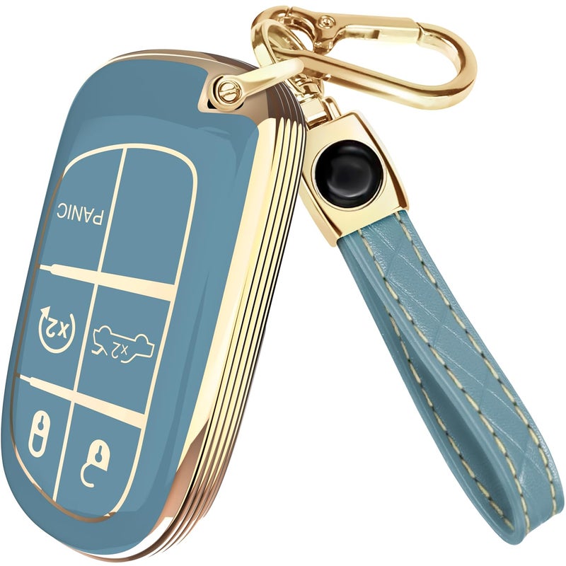 Lucrum for Dodge, Jeep, Chrysler Key Fob Cover and Leather Keychain, 5 Buttons Key Case for Dodge Ram, Charger, Dart, Durango, Journey - 2011-2025 Keyfob Cover for M3N-40821302 - Blue and Gold - Image 1