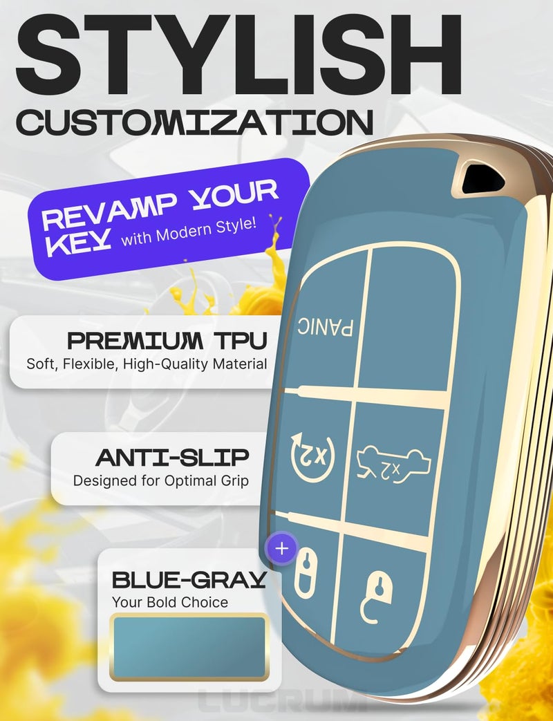 Lucrum for Dodge, Jeep, Chrysler Key Fob Cover and Leather Keychain, 5 Buttons Key Case for Dodge Ram, Charger, Dart, Durango, Journey - 2011-2025 Keyfob Cover for M3N-40821302 - Blue and Gold - Image 3
