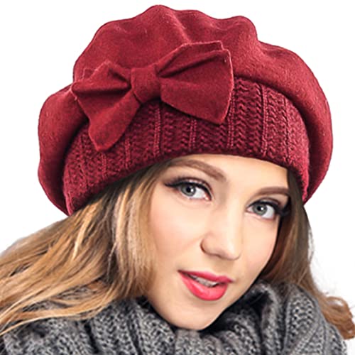 VECRY Women's 100% Wool Bucket Hat Felt Cloche Beret Dress Winter Beanie Hats (Beret-Claret) - Image 1