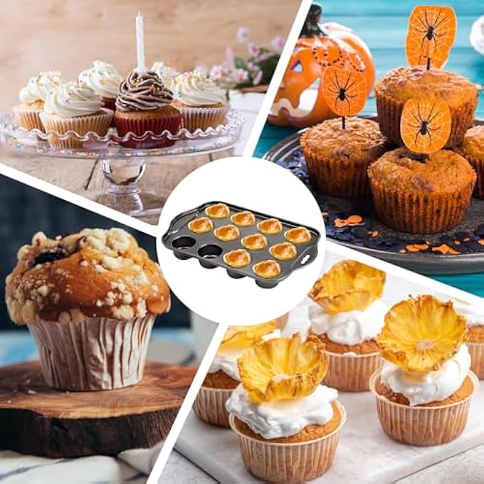 12 كوب قواعد فضفاضة غير لاصقة صينية خبز صغيرة ساندويتش القصدير صينية خبز علبة كب كيك فولاذية كربونية غير لاصقة طلاء الكعك مقلاة قابلة لإعادة الاستخدام قابلة لإعادة الاستخدام قابلة للإزالة أسفل خبز غسالة صحون آمنة 33X21X4 سم - Image 5