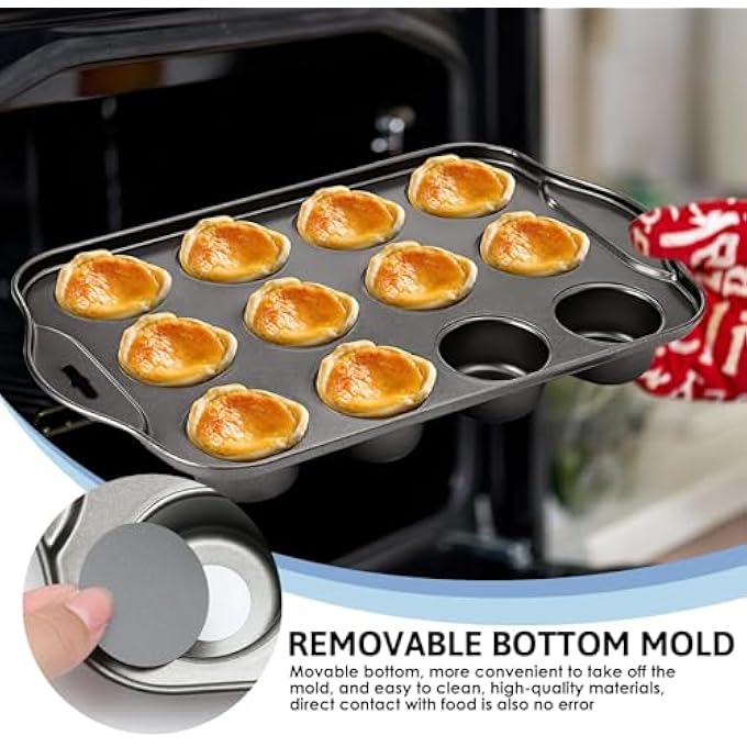12 كوب قواعد فضفاضة غير لاصقة صينية خبز صغيرة ساندويتش القصدير صينية خبز علبة كب كيك فولاذية كربونية غير لاصقة طلاء الكعك مقلاة قابلة لإعادة الاستخدام قابلة لإعادة الاستخدام قابلة للإزالة أسفل خبز غسالة صحون آمنة 33X21X4 سم - Image 4