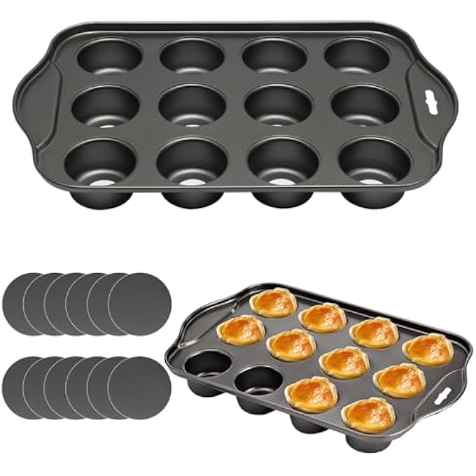 12 كوب قواعد فضفاضة غير لاصقة صينية خبز صغيرة ساندويتش القصدير صينية خبز علبة كب كيك فولاذية كربونية غير لاصقة طلاء الكعك مقلاة قابلة لإعادة الاستخدام قابلة لإعادة الاستخدام قابلة للإزالة أسفل خبز غسالة صحون آمنة 33X21X4 سم - Image 1