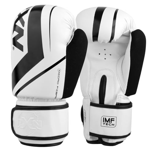 RXN R1 Boxing Gloves with Microfiber Thumb, Premium, High-Performance & Durable for Men, Women & Kids, Training, Kickboxing, Taekwondo, MMA, Muay Thai & Martial Arts (White/Black, 8oz) - Image 1