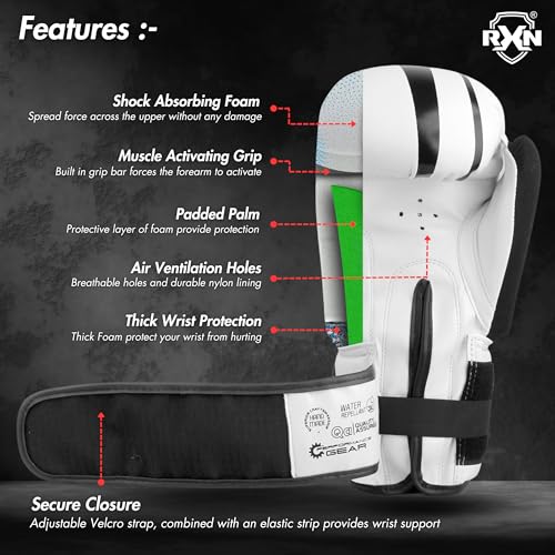 RXN R1 Boxing Gloves with Microfiber Thumb, Premium, High-Performance & Durable for Men, Women & Kids, Training, Kickboxing, Taekwondo, MMA, Muay Thai & Martial Arts (White/Black, 8oz) - Image 5