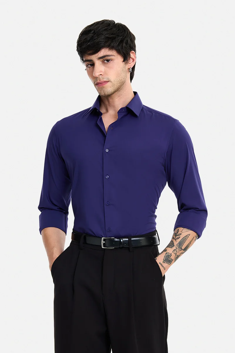 SNITCH Navy Solid Long Sleeve Slim Fit Formal Luxe Shirt