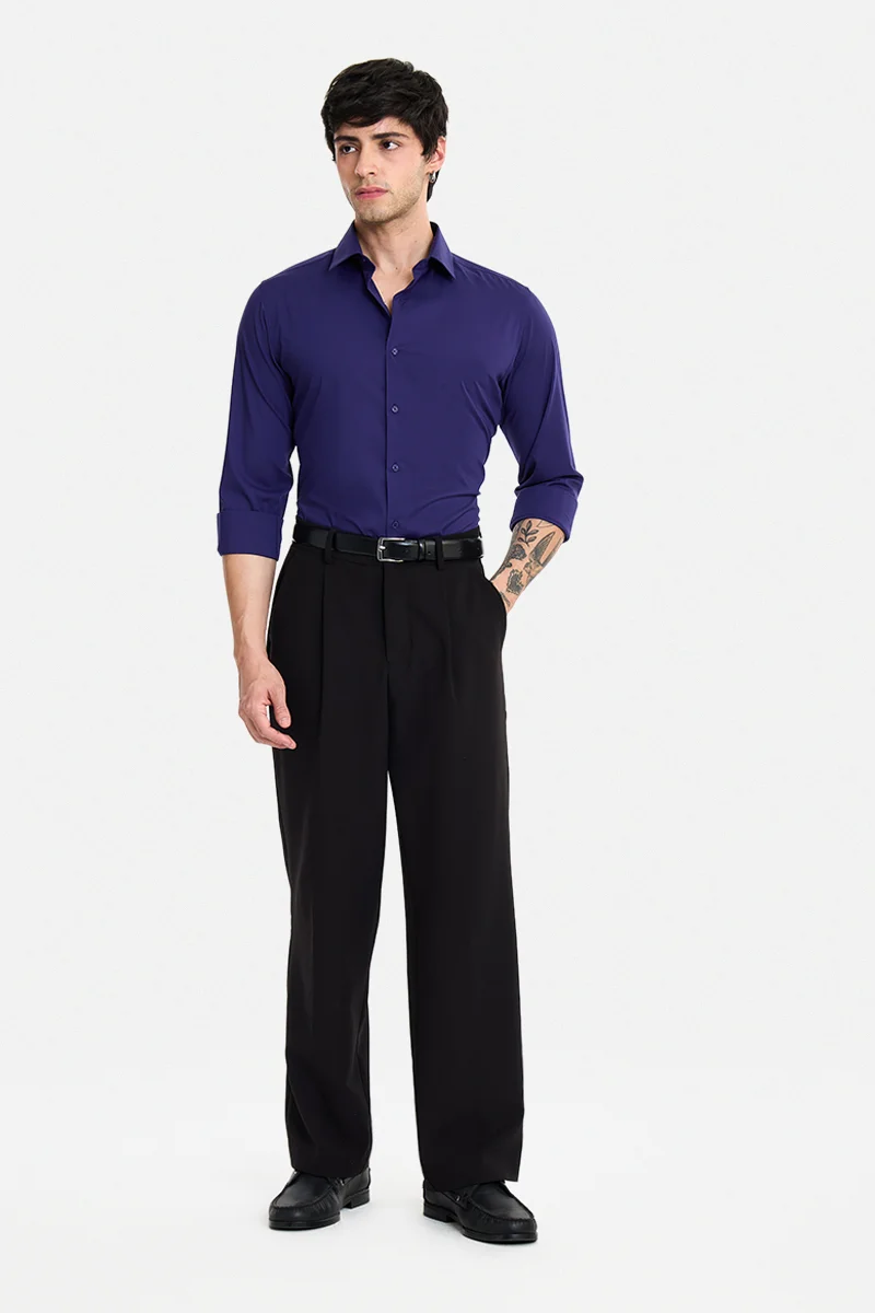SNITCH Navy Solid Long Sleeve Slim Fit Formal Luxe Shirt