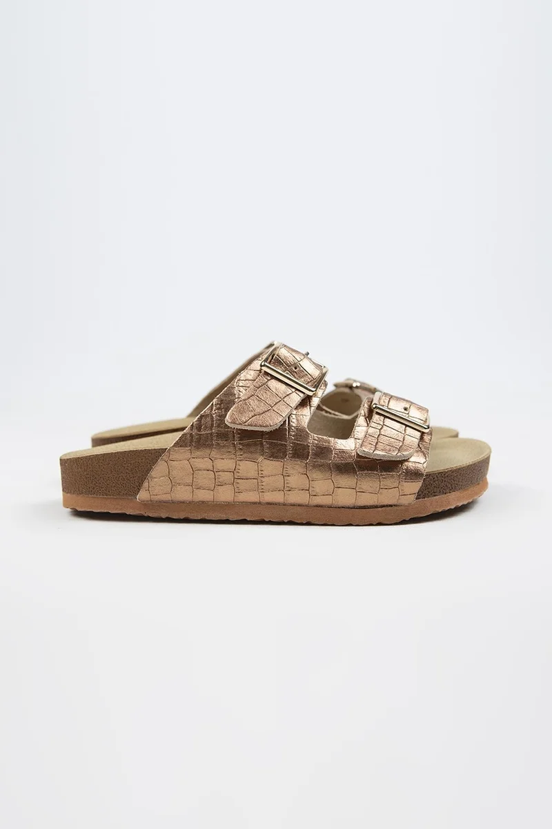 Manijero Manijero Croco Women's Genuine Leather Double Buckle Crocodile Copper Slippers