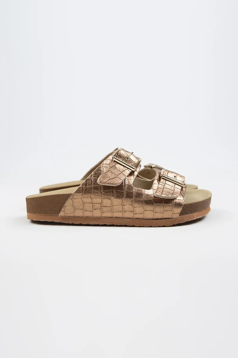 Manijero Manijero Croco Women's Genuine Leather Double Buckle Crocodile Copper Slippers