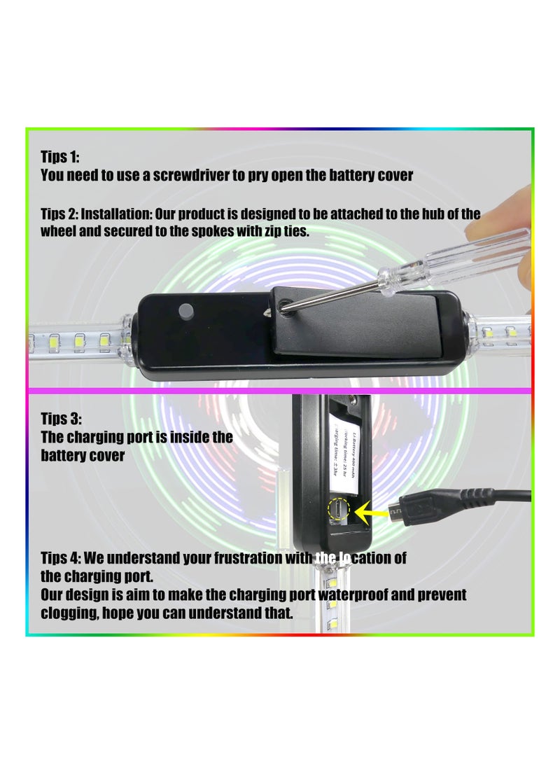 SYOSI 2 Pcs Bike Wheel Lights Waterproof Rechargeable LED Spoke Tire Light with 64pc Led Beads and 30 Eye Catching Patterns Ideal Rim for Mountain Road Bikes BMX Hybrid 16.3inch - Image 4