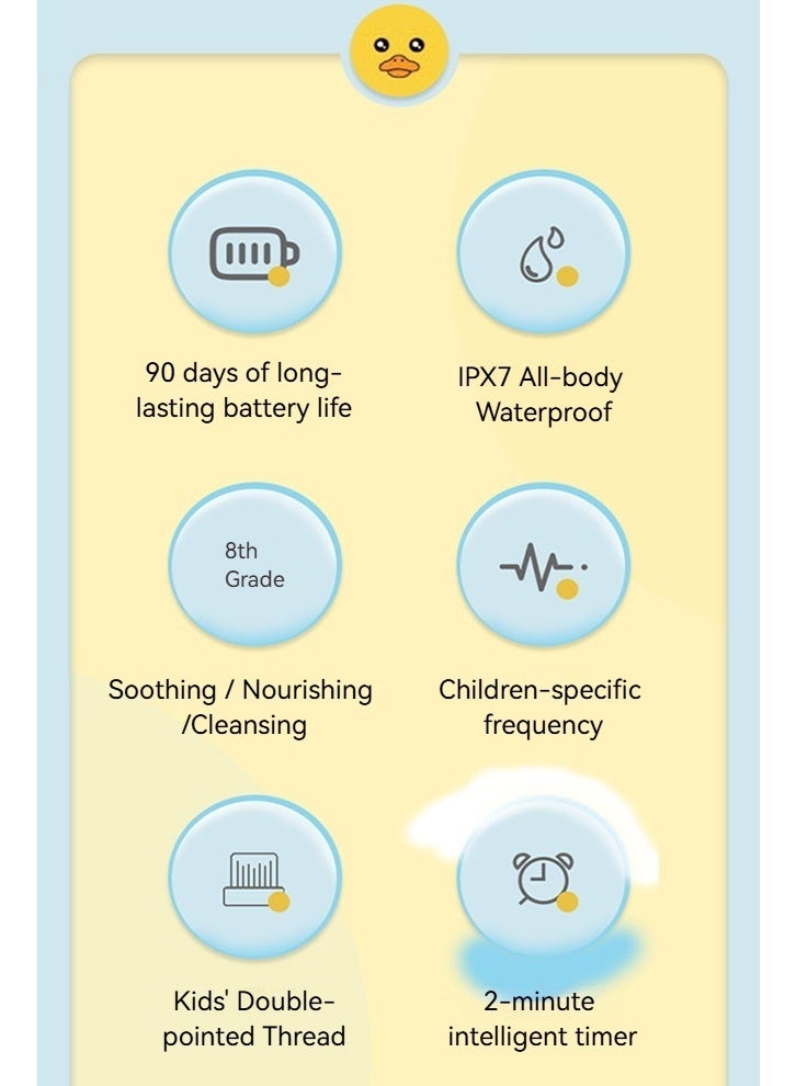 فرشاة أسنان كهربائية Yellow Duck Kids Sonic ، للأولاد والبنات من سن 3 إلى 12 عامًا مع تذكير كل 30 ثانية ، ومؤقت لمدة دقيقتين ، ومحرك 20000/دقيقة ، و3 أوضاع ، وبطارية تدوم 100 يوم ، ومقاومة للماء بمعيار IPX7 - Image 2